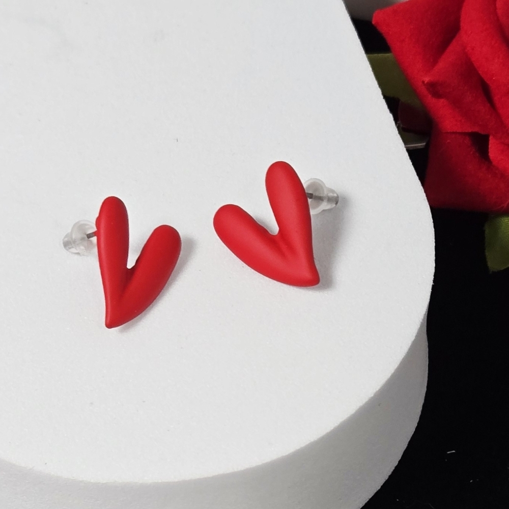 Red Heart Stud Earrings Elongated Minimalist Love Jewelry Staple Sleek Playful